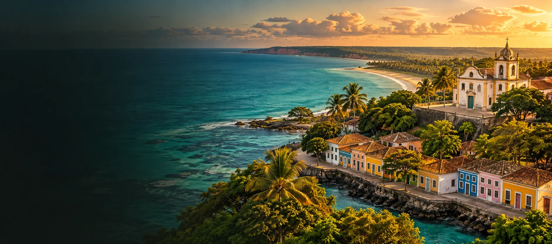 Montagem artística de Porto Seguro: mar, coqueiros e patrimônio histórico da Bahia