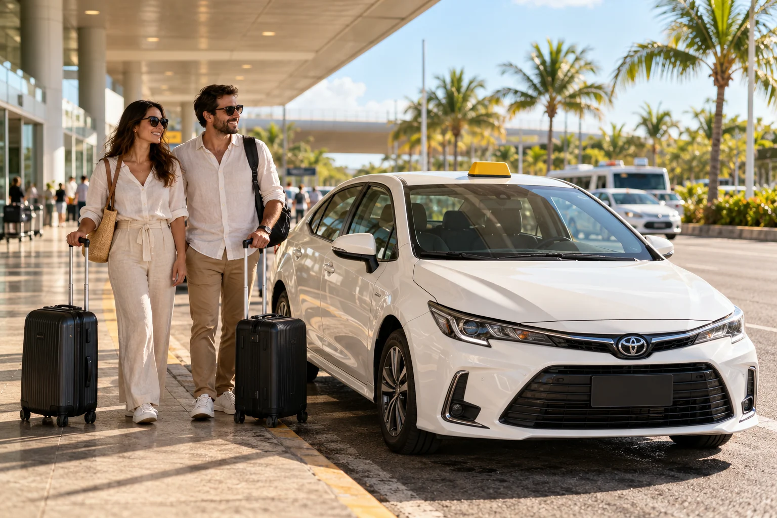 Cena ilustrativa de transfer: táxi branco e viajantes com malas no aeroporto